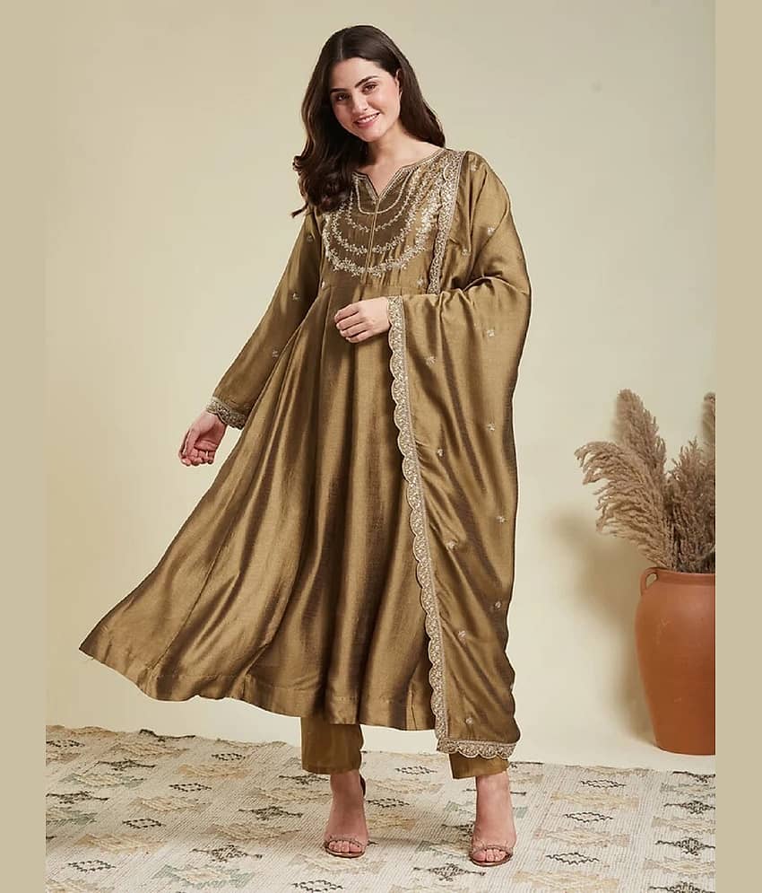 Gazal Fashions Women Silk Blend Embroidered Flared Kurti With Pants ( Gold )