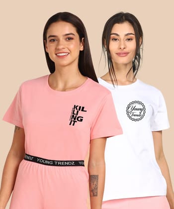 Womens Regular Fit  Combo Printed T Shirt-S / Pink White