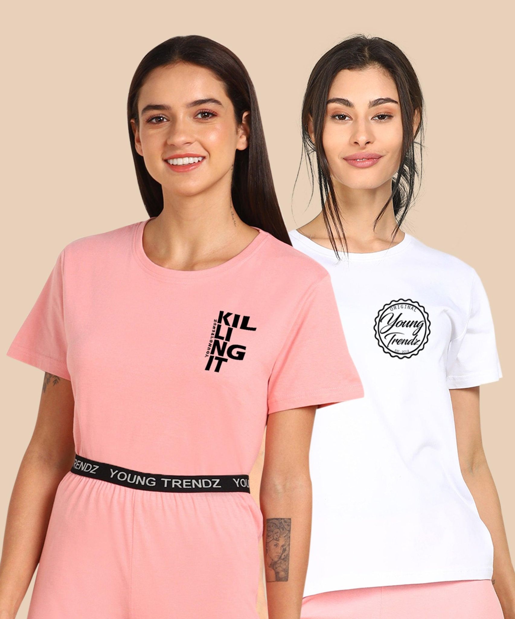 Womens Regular Fit  Combo Printed T Shirt-S / Pink White