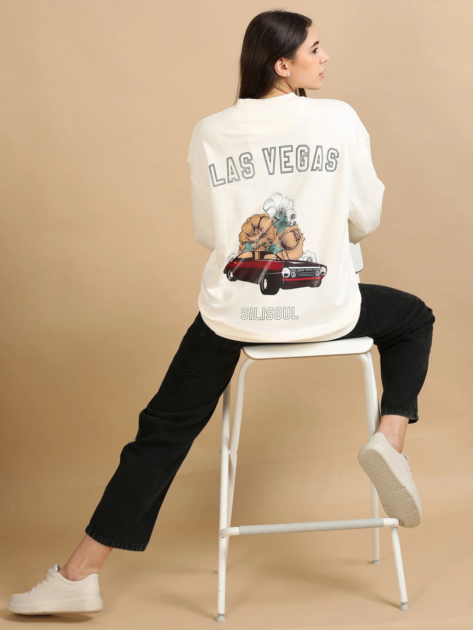 Women Printed Oversized Sweatshirt Pure Cotton Full Sleeve Off White-XS