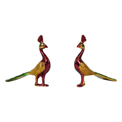 DreamKraft White Metal Glossy Antique Finish Sitting Peacock Peacock Pair Statue Showpiece - Set of 2 (Multicolor - 12 x 15 x 12 cm)