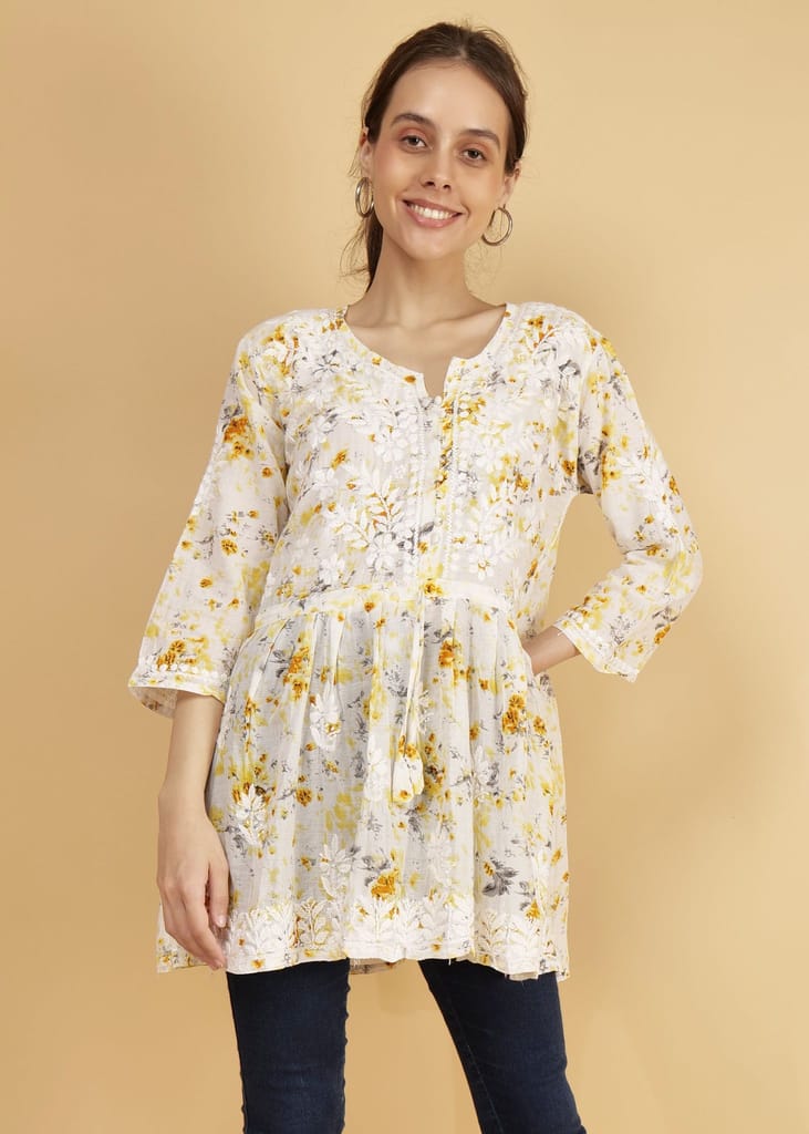 Mulmul Short Frock Style Chikankari Kurti - Floral Print Yellow
