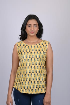 Sleeve Less cotton printed top for women Yellow & Navy Blue Flower Print Top (OTL-TPS1047)-Yellow / S