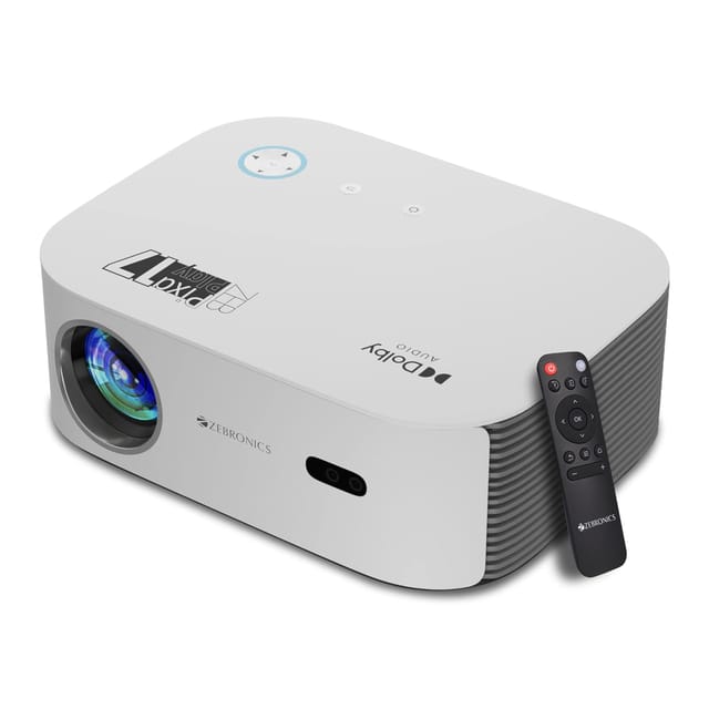 Zebronics PIXAPLAY 17, Smart LED Projector, 6000 Lumens, 4K Support, Dolby Audio, 224 Inch Screen Size- White