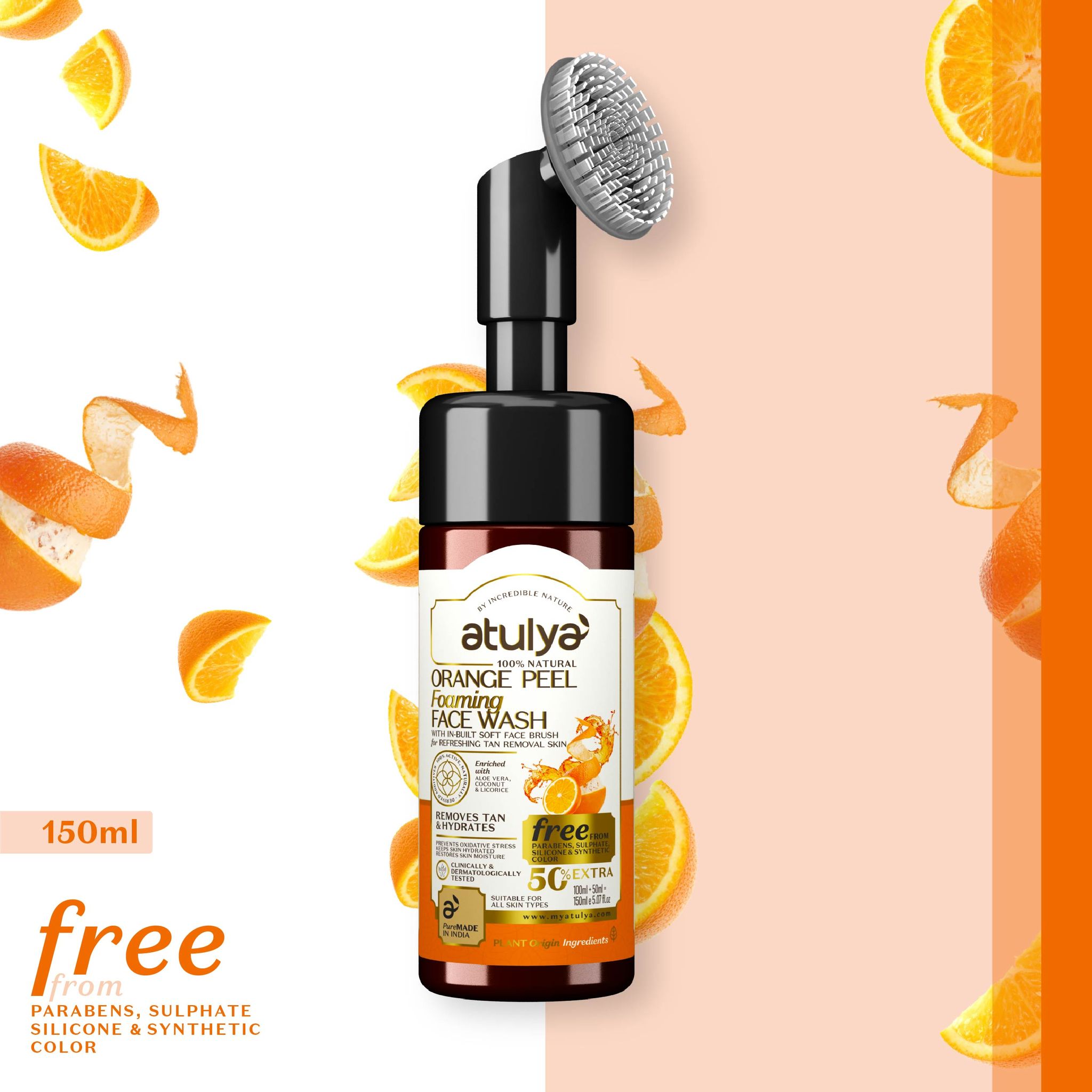 Atulya Orange Peel Foaming Face Wash with Silicone Brush | Tan Removal - 150ml