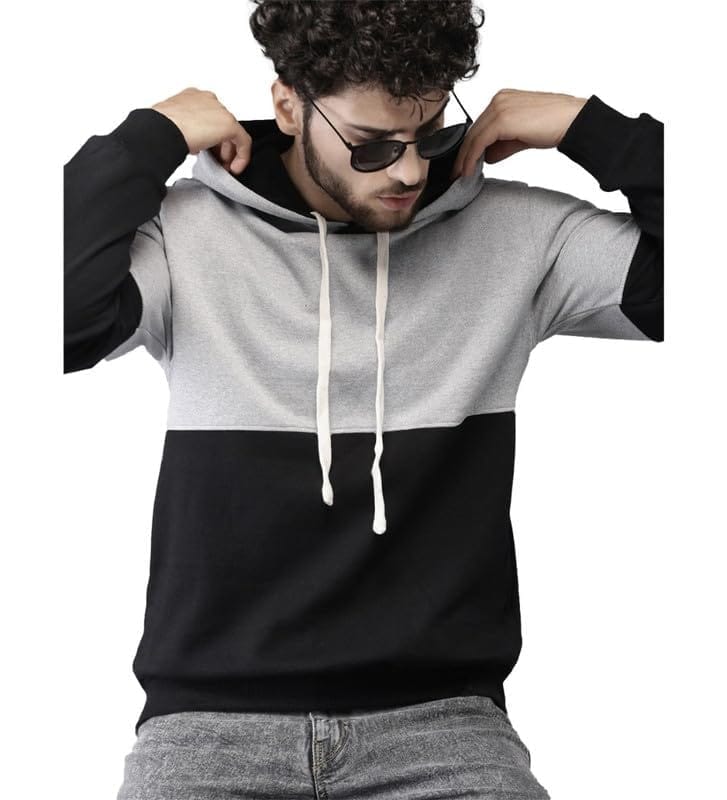 Men's Casual Solid Fleece Hooded Neck T-Shirt (Black, L)-PID47719