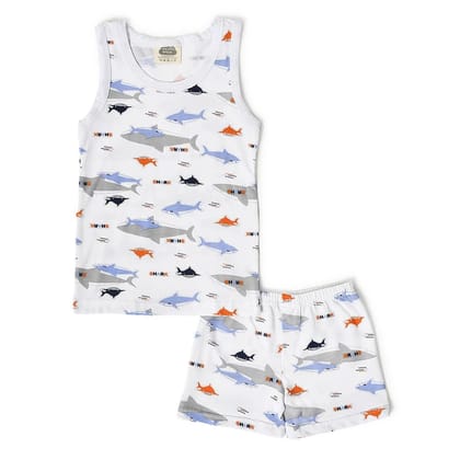 Boys Shark Print Shorts and Vest Set-12-18 M / White