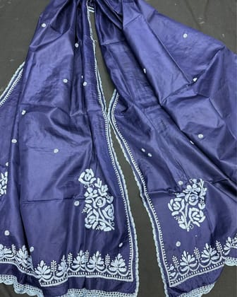 Elegant Pure Tussar Silk Dupatta Blue Chikankari & Crochet
