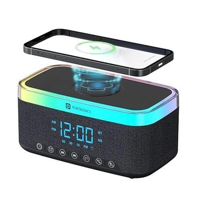 Portronics Trifusion 16W HD Sound Bluetooth Speaker with 15W Wireless Charging, 360° RGB LED Lights, Digital Clock with Alarm Setting