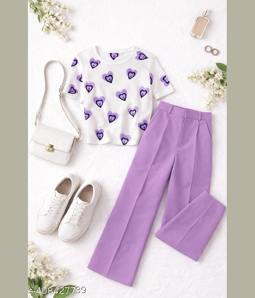 TarrenT HunT Pack of 1 Girls Cotton Blend T-shirt & Pants ( Purple )