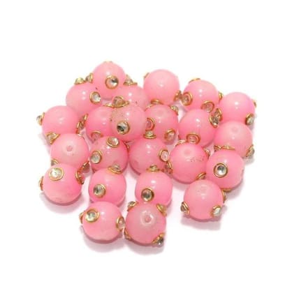 50 pcs 10mm Glass Kundan Beads Round Pink-Pink / Glass