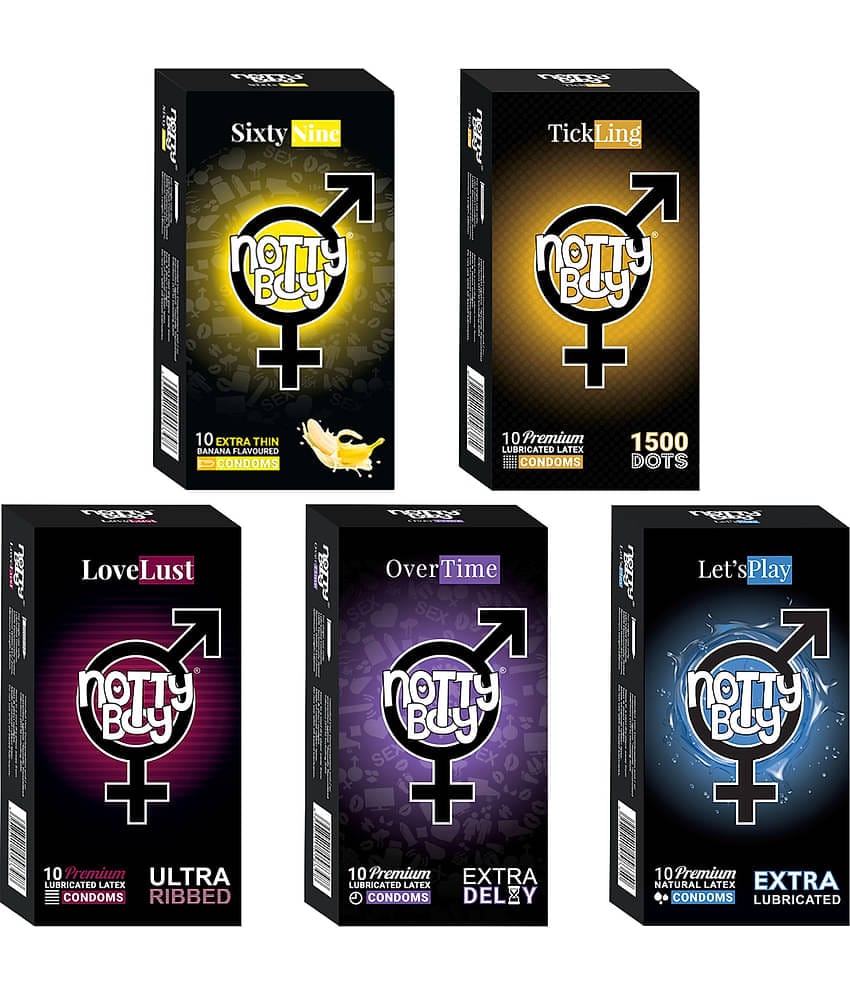 NottyBoy 1500 Dots, Long Lasting, Banana, Ultra Ribbed, Extra Lube Condoms - 50 Units