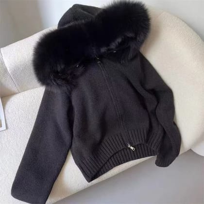 Solitaire woollen hoodie zipper jacket-Black / XS