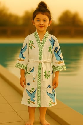 Handblock printed waffle cotton bathrobe for kids - 4-13 years old-4-8 years
