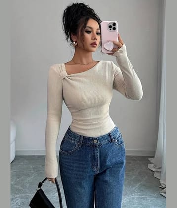 Traquila Women Lycra Solid Regular Fit Asymmetrical Neck T-Shirt ( Beige )