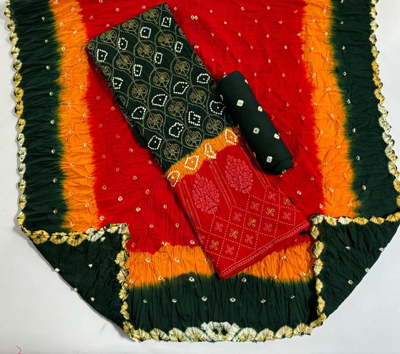 Cotton Thread Embroidery work Multicolor Bandhani Dress Material-Green