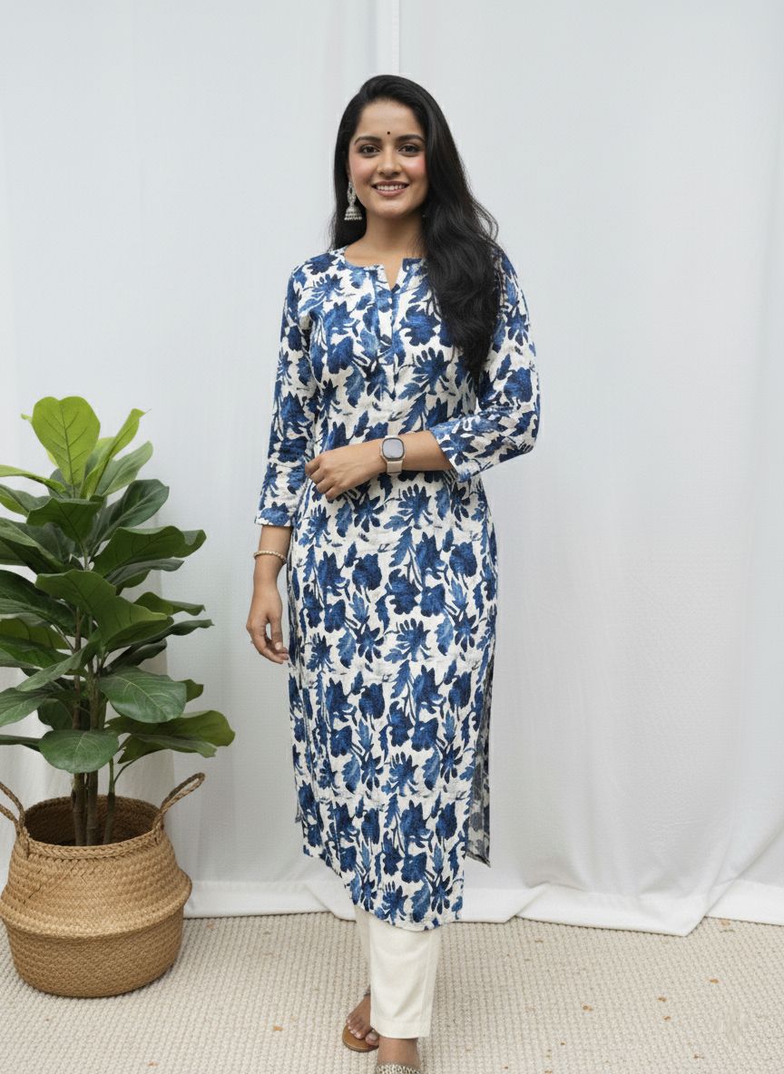 Rivaaj Ethnic Trisha Blue Handblock Print Kurta (M) | Pure Cotton Straight Fit | Traditional Round Neck | Artisan Crafted
