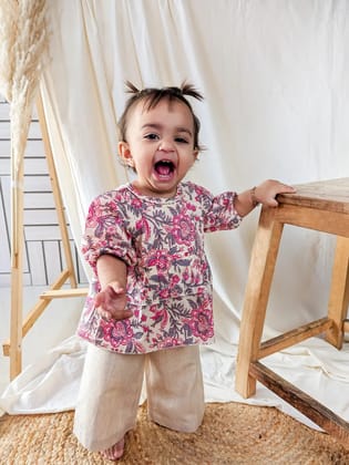 Floral Printed Pure Cotton Eva Girls Top Bottom Set-3-6 months