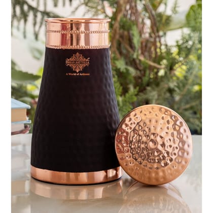 Pure Copper Hammered  Silk Finish Bedroom Bottle with Inbuilt Glass-Black