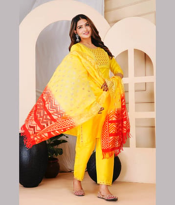 EXPORTHOUSE Silk Embellished Kurti With Pants Women's Stitched Salwar Suit - Yellow ( Pack of 1 )