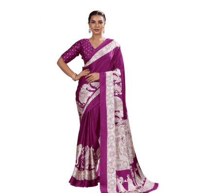 womens satin crepe printed saree with unstitched blouse 5mtr purple pid65073 womens satin crepe printed saree with unstitched blouse 5mtr purple pid65073