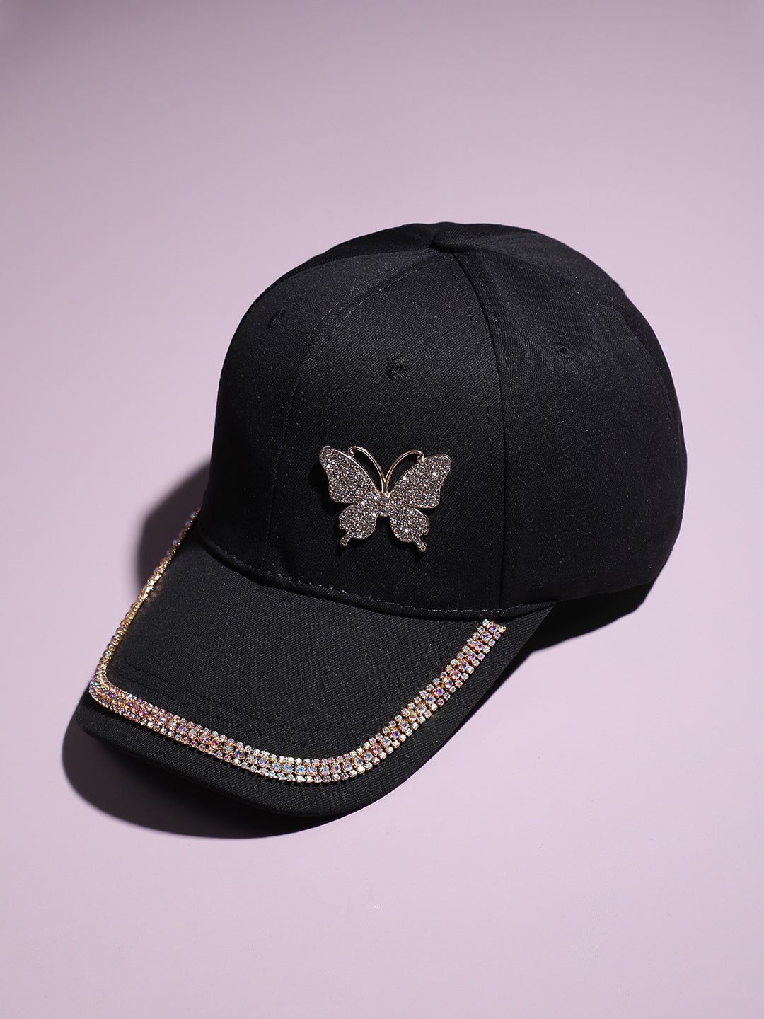 Rhinestone Butterfly Baseball Cap - Black-Cap