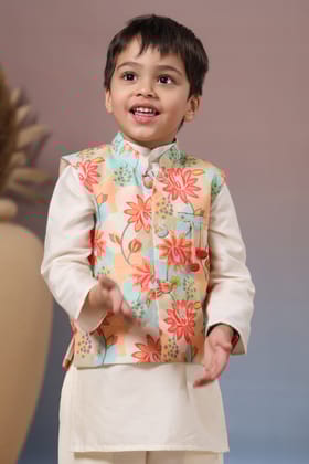Off White Kurta with Pocket Detail Printed Multicoloured jacket and Pyjama-0-6 months
