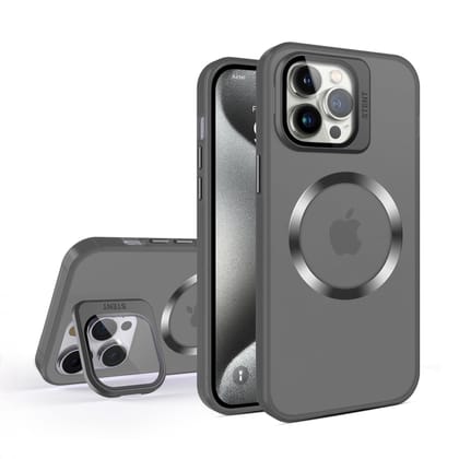 Vaku® Apple iPhone 15 Pro Rime Frosted Magnetic Magpro Translucent Camera Protector Case with Built-in Stash Stand Back Cover