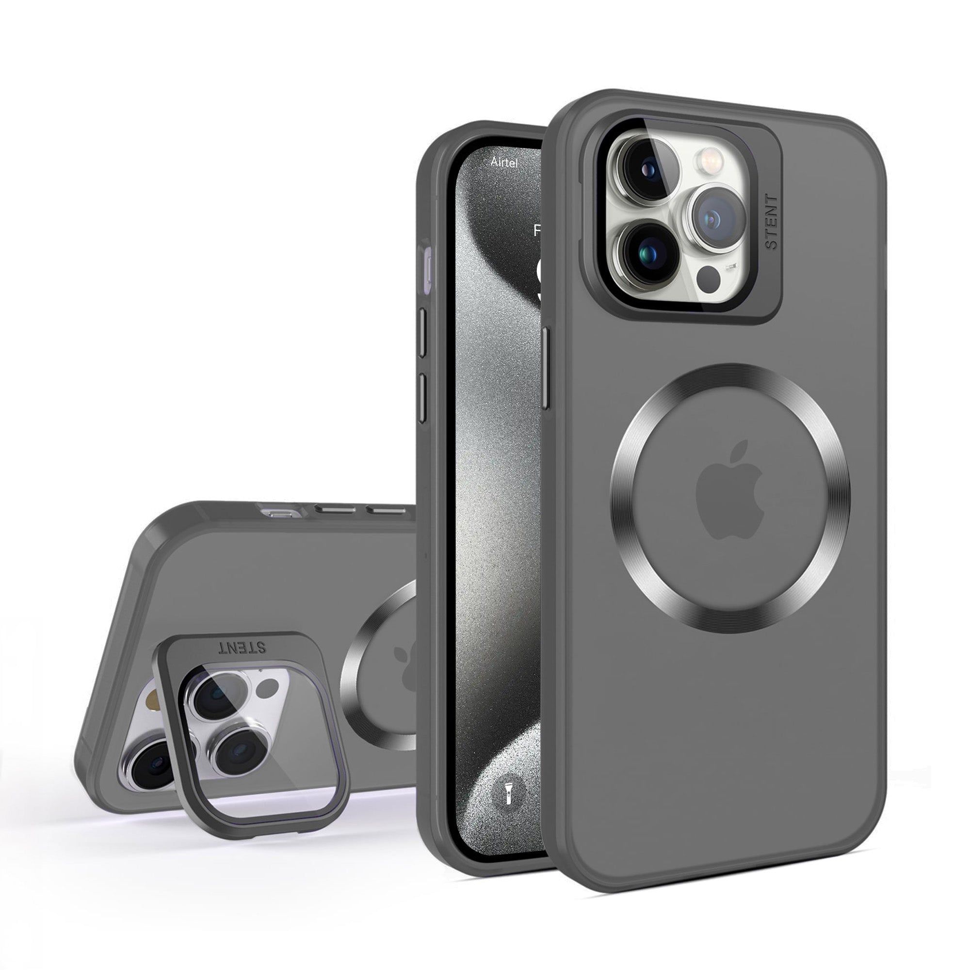 Vaku® Apple iPhone 15 Pro Rime Frosted Magnetic Magpro Translucent Camera Protector Case with Built-in Stash Stand Back Cover