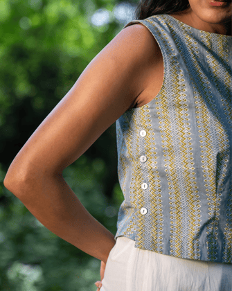 Blue-Green Block Print Top-XS
