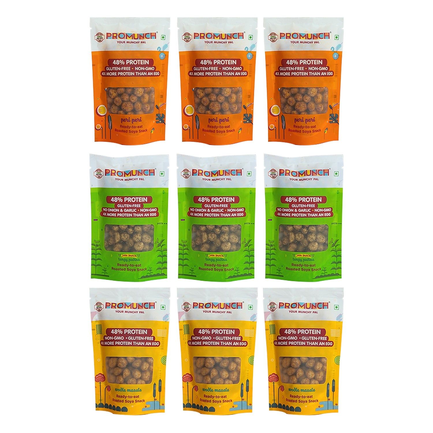 PROMUNCH Travel Combo Pack (Tangy Pudina x 3 ,Peri Peri x 3,Noodle Masala x 3) 30gm x 9