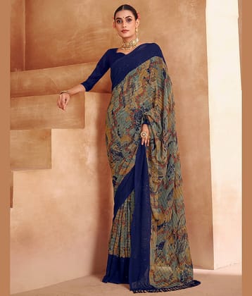 Satrani Georgette Embellished Saree With Unstitched Blouse Piece ( Navy Blue )