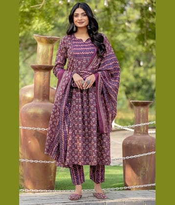 Rajnandini Women Cotton Blend Printed Flared Kurti With Pants ( Wine )