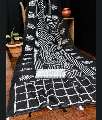 Kashvi Sarees Cotton Blend Printed Regular Saree With Unstitched Blouse Piece ( Black )
