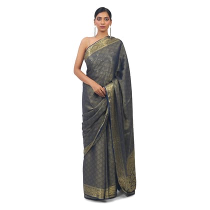 TheHangr Blue Soft Georgette Banarsi Saree With Contrast Golden Boarder