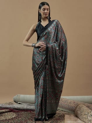 Sea Green Ajrak Crepe Block Print Sarees