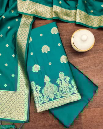 Noor-e-Banaras Brocade Lichi Silk Teal Blue Suit