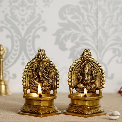 Brown & Gold Laxmi Ganesha Handcrafted Brass Diyas