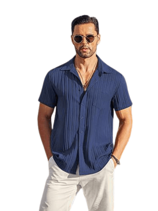 Men's Exclusive Suger Cane Fabric Half Sleeve Dark Blue Shirt by GlamaStitch-M