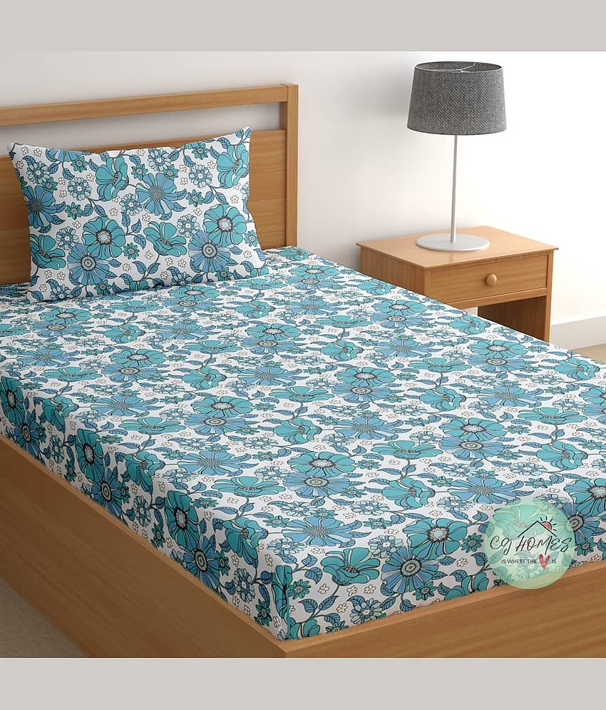CG HOMES Cotton 1 Single Bedsheet with 1 Pillow Cover ( Blue )