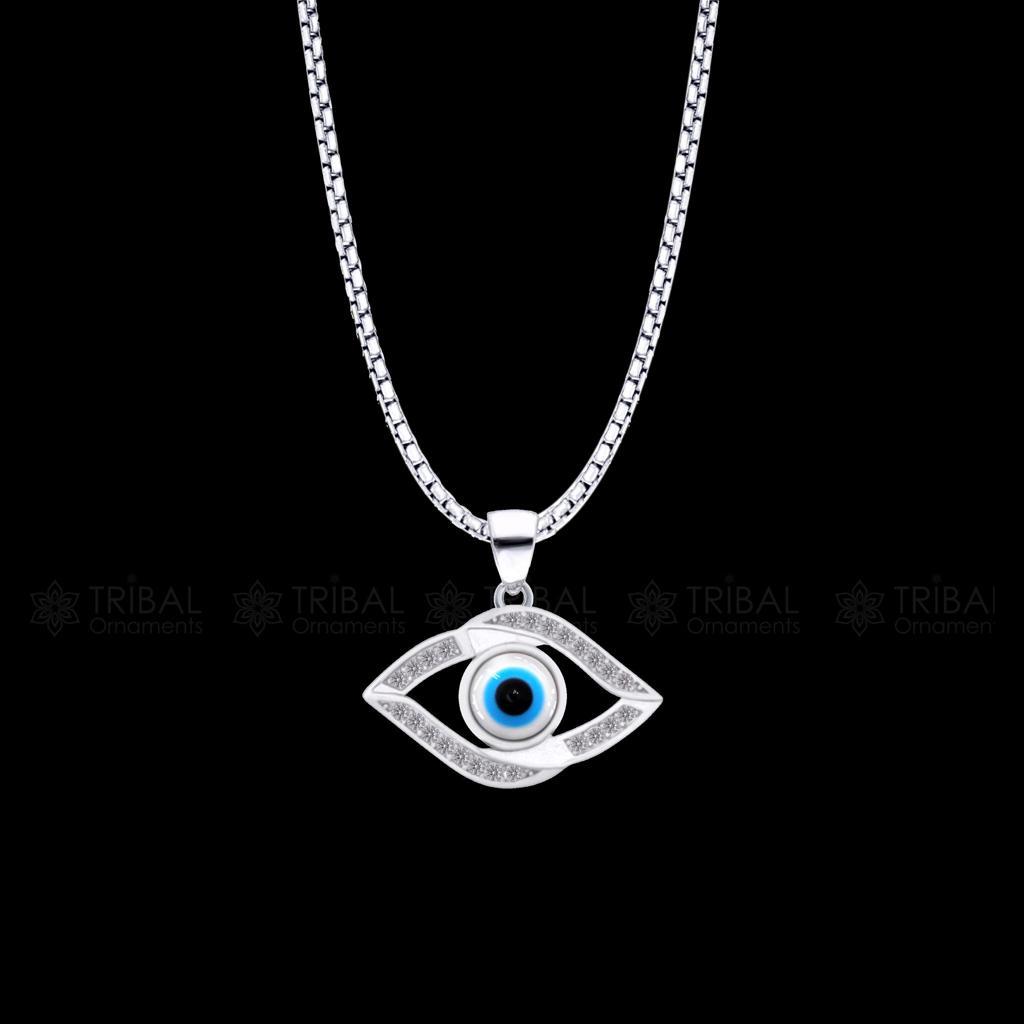 PURE 925 sterling silver evil eyes pendant with CZ stone nsp797-18" CHAIN AND PENDANT