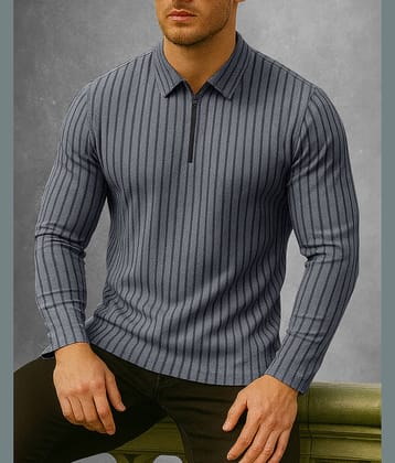 Eyebogler Men Polyester Relaxed Fit Striped Polo T Shirt ( Grey )