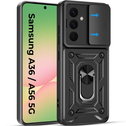 A rtistque Armor Bumper Back Case Cover for Samsung Galaxy A56 | Stylish Ring Holder & Inbuilt Stand | Sliding Camera Cover | Shockproof TPU Protective Design | Samsung A56 Back Cover - Black A rtistque Armor Bumper Back Case Cover for Samsung Galaxy A56