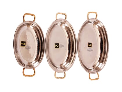 IndianArtVilla Steel Copper Set of 3 Oval Serving Platter Plate with Brass Handle