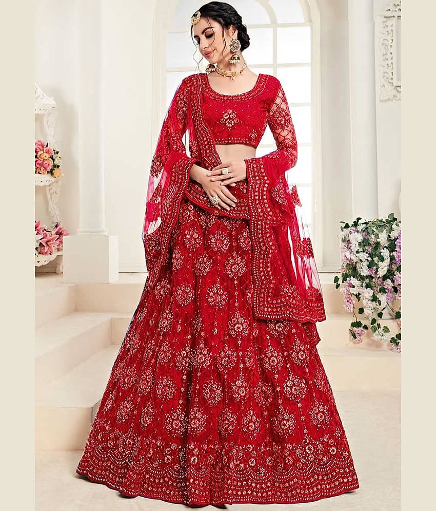 Keyura Red Net Unstitched Semi Stitched Lehenga Single