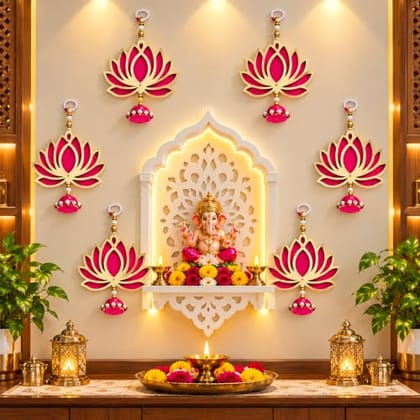 Handmade Wall Decor with Jhumki Style | Set of 6 Pink/Rani | Export Quality Lotus Hanging for Home, Temple & Pooja