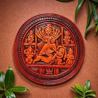 Maa Durga Wall Hanging Terracotta Idol Murti | Sherawali Devi MATA Hand-Painted Spiritual Wall Hanging Art Decor for Home Temple, Mandir, Living & Office Decor | Spiritual Gifts (17x17 CM)