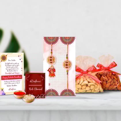 Designer Bhaiya Bhabhi Rakhi with Badam and Cashew (200 gm each, total 400 gm) and Roli Chawal Pack, Best Wishes Greeting Card