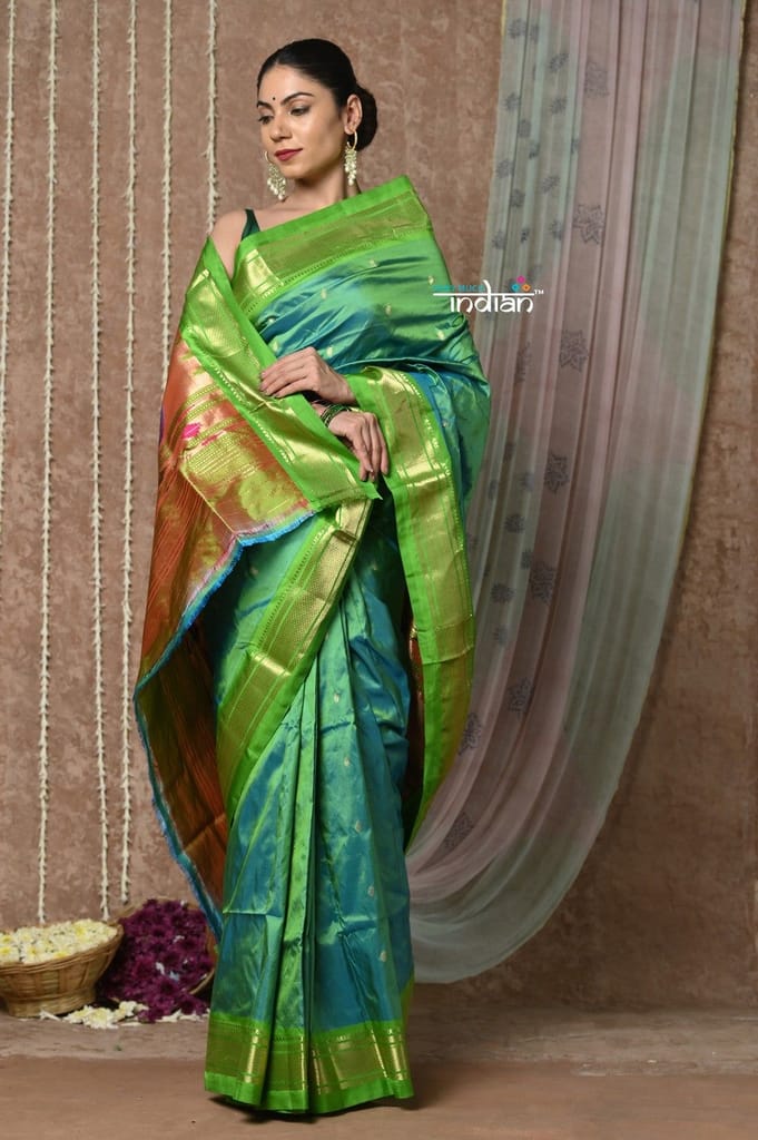 Tyohaar ~ Handloom Pure Silk Paithani Saree with Traditional Peacock Pallu ~ Dual Tone Blue Green (By Government Certified Weavers) - Sarees | Buy online on ZillyBuy