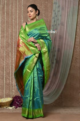 Tyohaar ~ Handloom Pure Silk Paithani Saree with Traditional Peacock Pallu ~ Dual Tone Blue Green (By Government Certified Weavers)